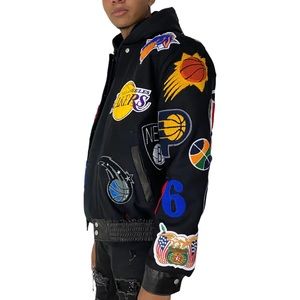 JEFF HAMILTON NBA Team Patches Logo Wool And Leather  Jacket- Black